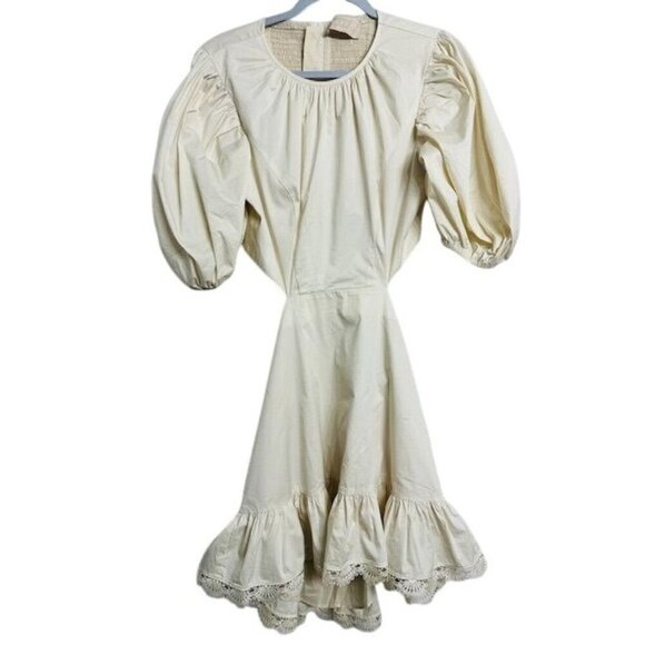 Keepsake Asymmetric Beige Short Puffy Sleeves Open Cut Waist Ruffled Hem Dress 8 - Picture 2 of 9